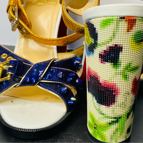 Metallic Gold & Blue Studded Women’s High Heel Sandals - Picture 8 of 16